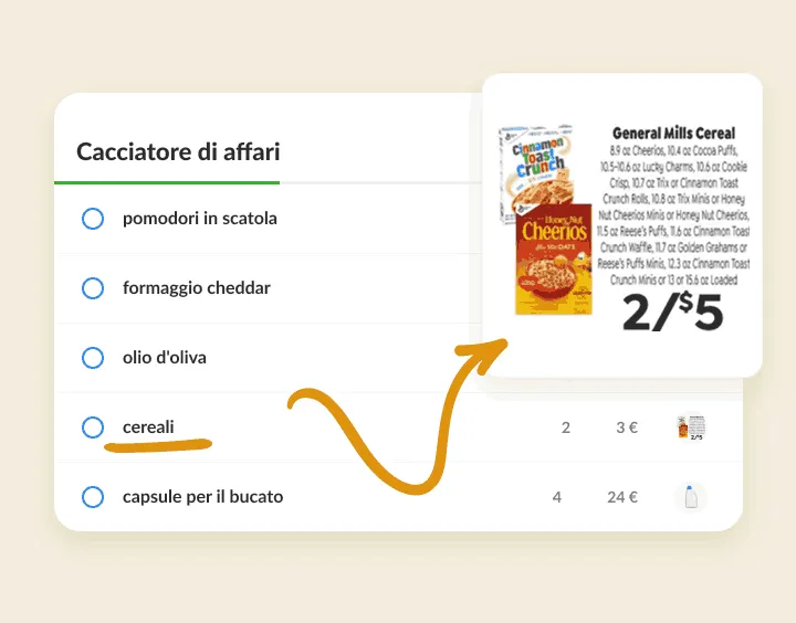 Cereali in una lista di offerte legati a un ritaglio di volantino con l'offerta