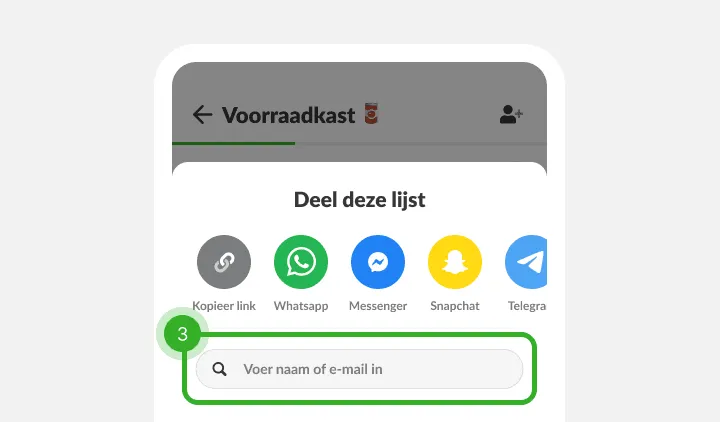 Deelmenu met pictogrammen van chatapps en een zoekveld voor naam of e-mail