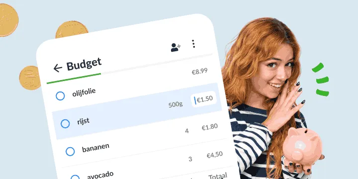 Lachende vrouw met een spaarvarken naast een budgetlijst met prijzen per item