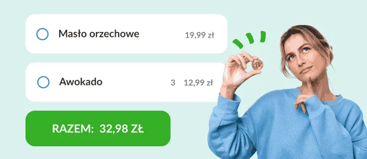 Kobieta z monetą obok masła orzechowego i awokado z cenami i sumą