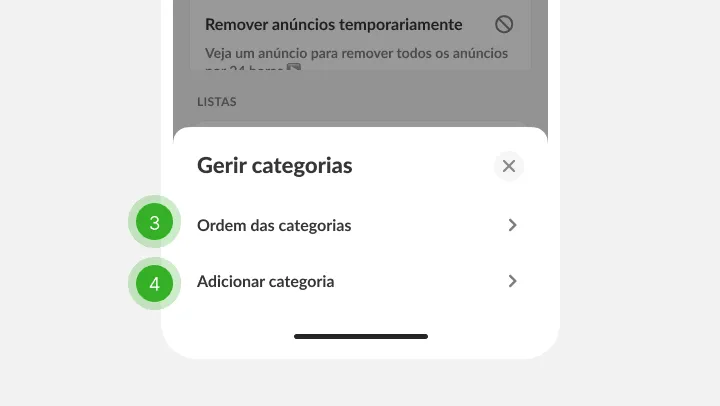 Painel de categorias com as opções ordenar e adicionar, passos três e quatro