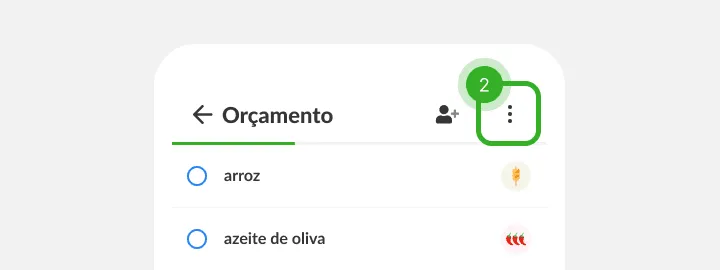 Cabeçalho da lista com o botão de menu de três pontos em destaque no canto