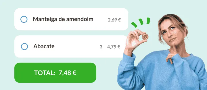 Mulher com uma moeda junto a manteiga de amendoim e abacates, preços e total