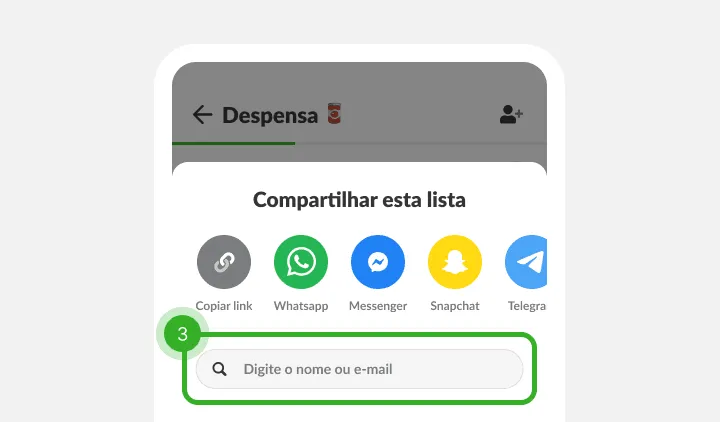 Menu Compartilhar com ícones de apps de mensagem e campo para nome ou e-mail