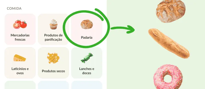 Grade de categorias com Padaria circulada, ao lado de pão, baguete e donut