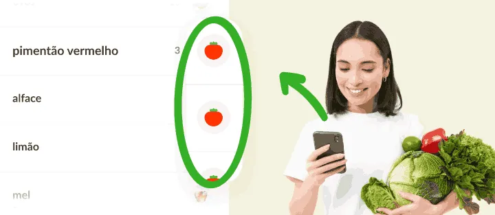 Mulher com legumes e celular ao lado de itens com o mesmo ícone de hortifrúti