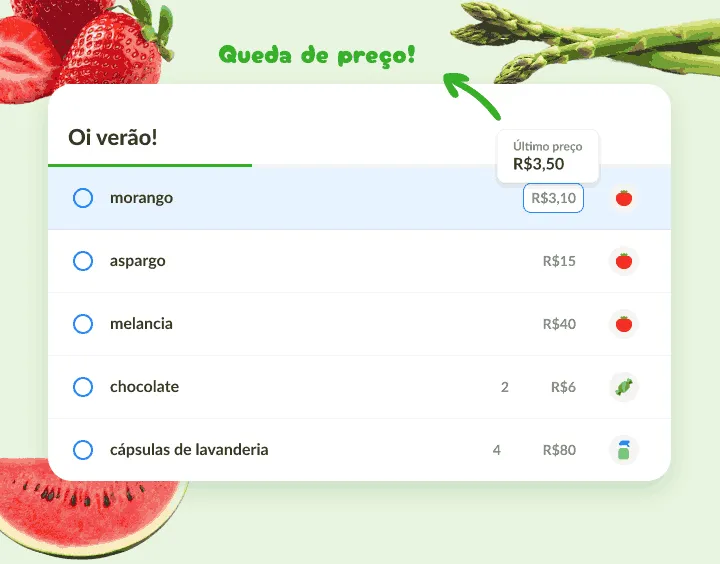 Lista de verão em que o morango aparece com preço menor que o último registrado