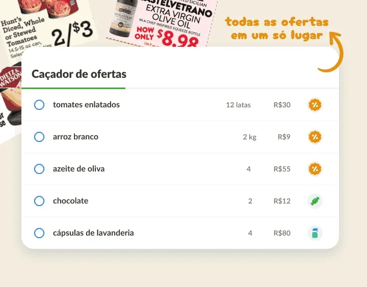 Lista de ofertas sobre folhetos, com itens em promoção e ícone de porcentagem