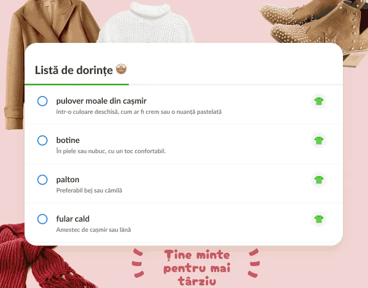 Listă de dorințe cu pulover, botine, palton și fular, cu poze cu haine în jur