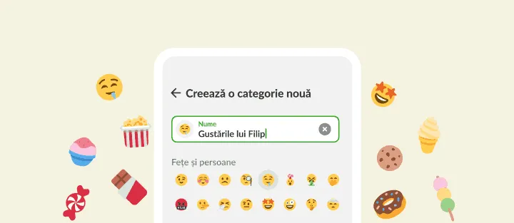 Ecran de categorie nouă cu nume propriu pentru gustări și emoji, între dulciuri