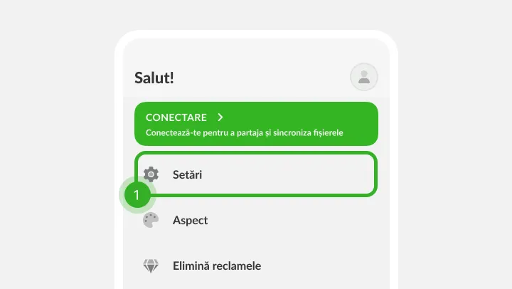 Meniul profilului cu banner de conectare și rândul cu rotiță marcat ca pasul unu