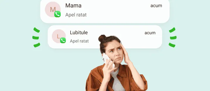 Femeie îngrijorată la telefon, sub două notificări de apel ratat