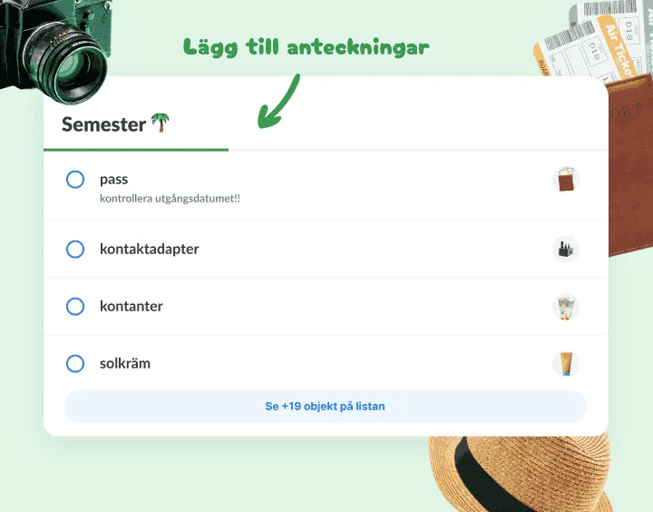 Packlista för semestern med pass, kontaktadapter, kontanter och solkräm