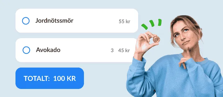 Fundersam kvinna med ett mynt bredvid två varor med priser och deras summa