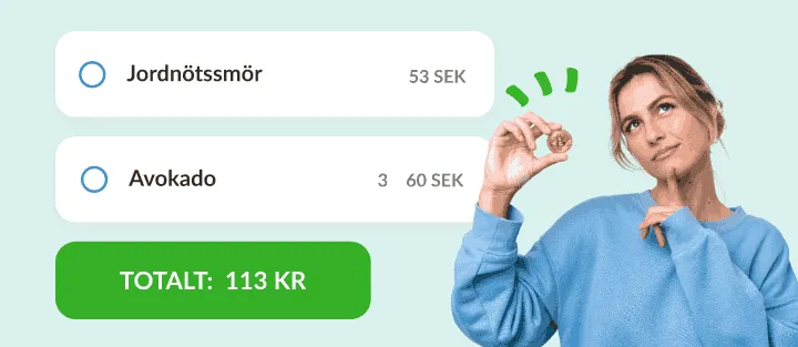 Kvinna med ett mynt bredvid jordnötssmör och avokado med priser och en summa