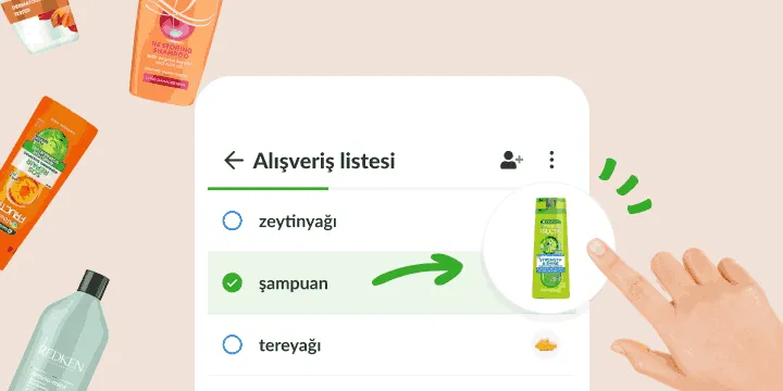 İşaretli şampuan öğesinin şişenin birebir fotoğrafını açtığı alışveriş listesi