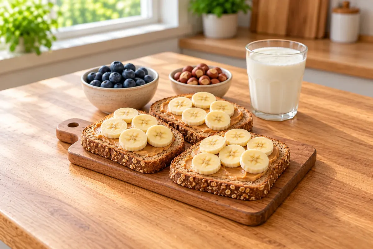 Teljes kiőrlésű pirítós mogyoróvajjal és banánnal, áfonya és kefir
