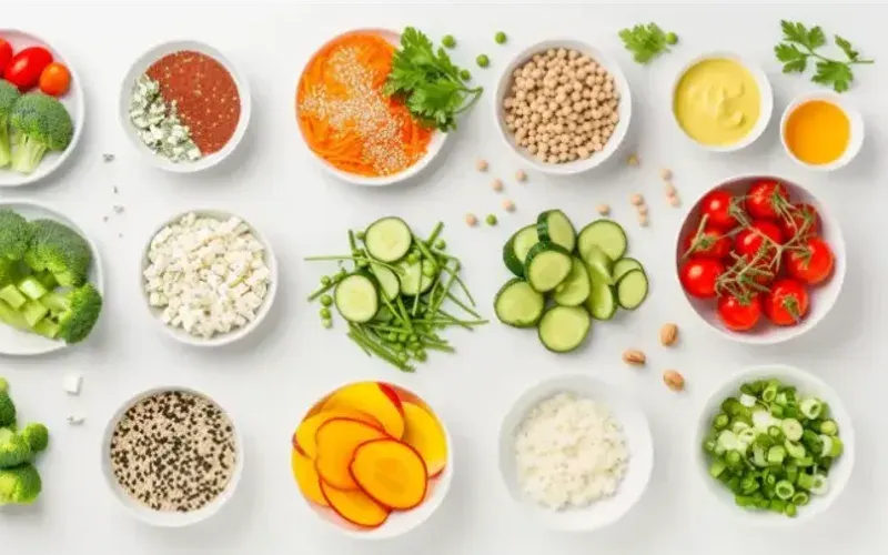 Overhead shot of small bowls of dishes for the one-day vegetarian meal plan