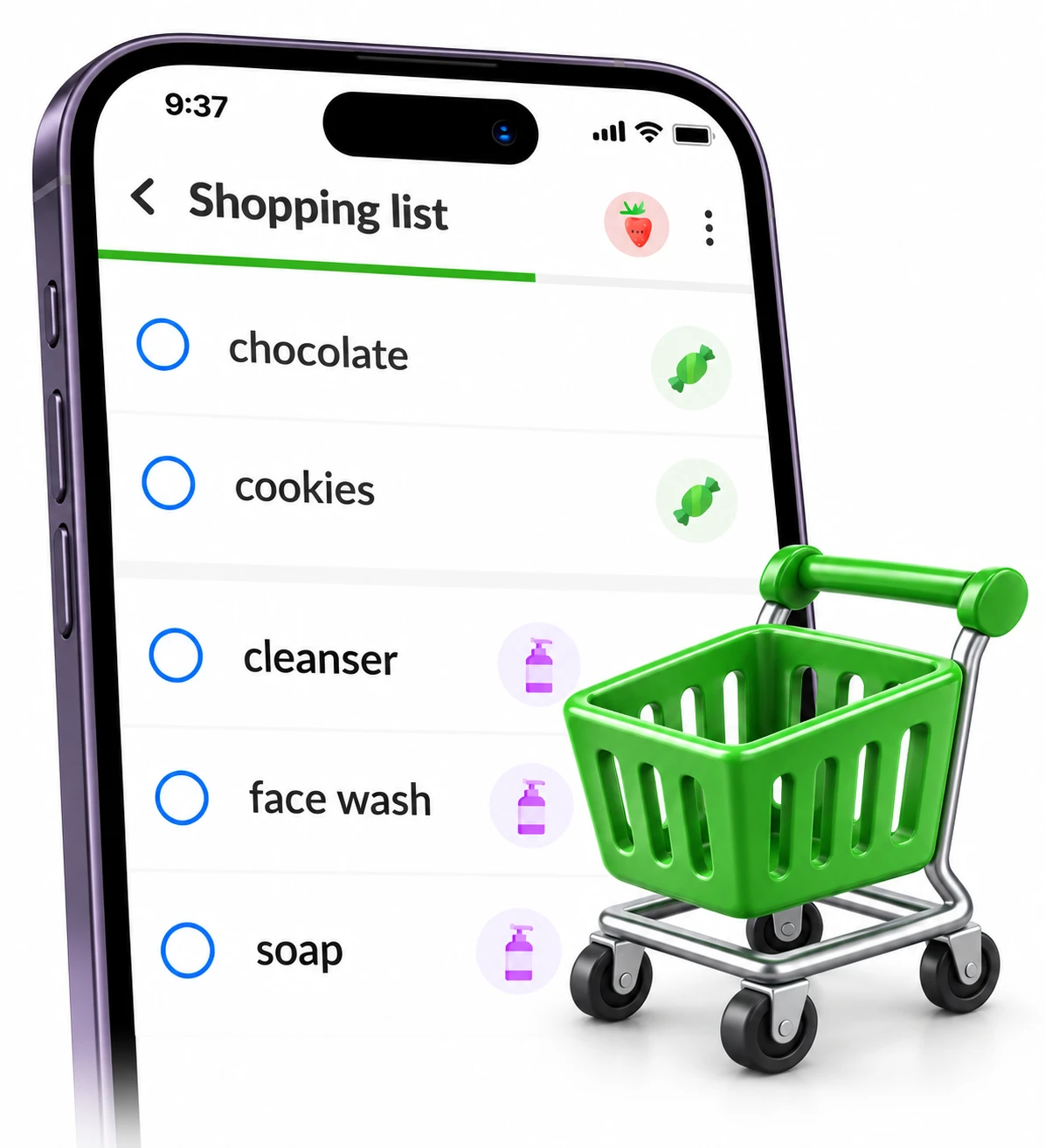 Grupy alejek w Listonic obok zielonego wózka na zakupy
