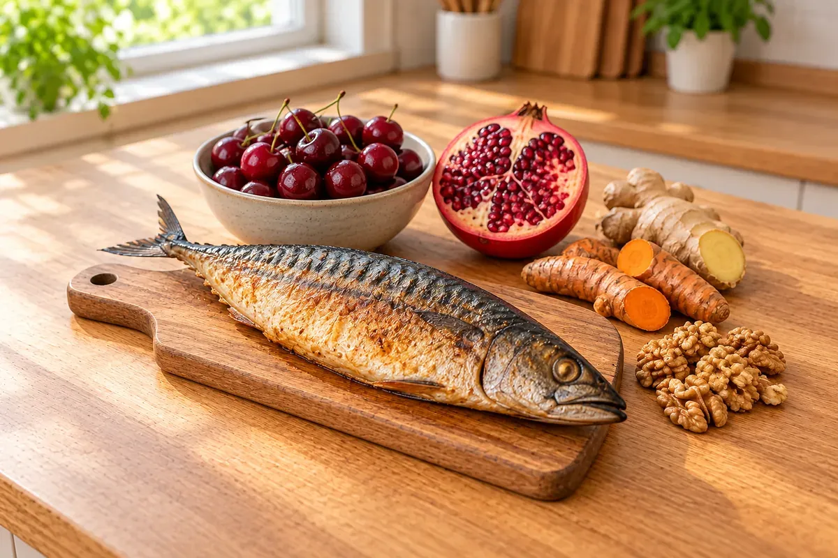Bagt makrel, kirsebær, granatæble, gurkemeje- og ingefærrødder, valnødder
