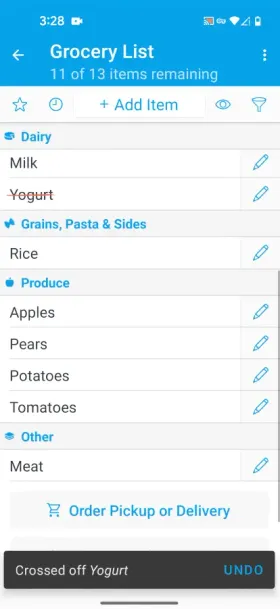 AnyList’s Grocery List with 11 of 13 items remaining, grouped by category