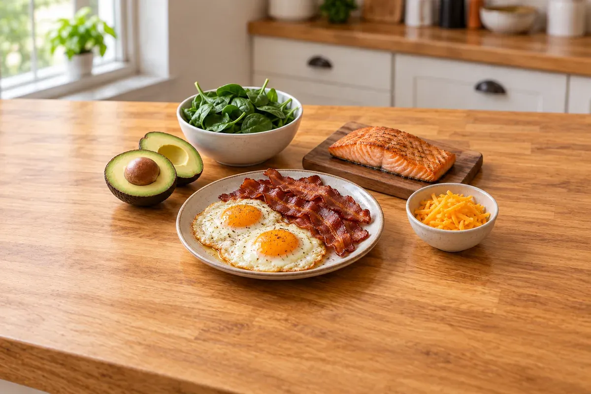 Æg stegt i smør med bacon, avocado, spinat, en laksefilet og cheddar