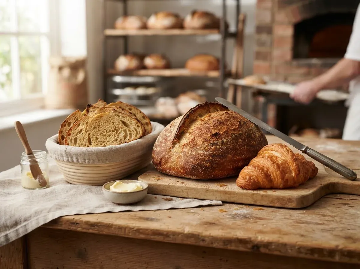 Chleb na zakwasie, krojony chleb i croissant na stole w piekarni