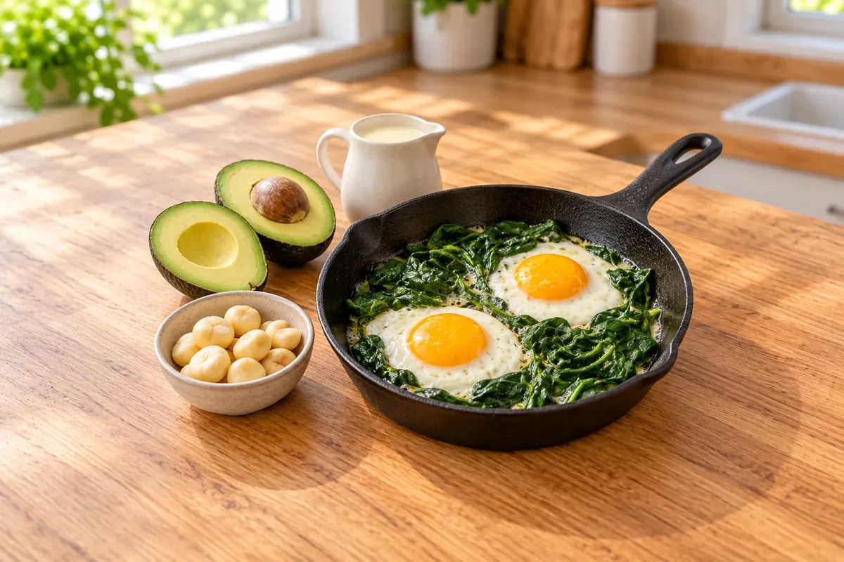 Æg stegt i smør med spinat, avocado, macadamianødder og fløde