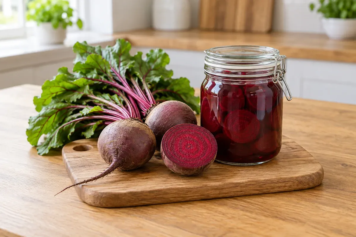 Beets with leaves on a board, one cut open, beside a jar of pickled beets