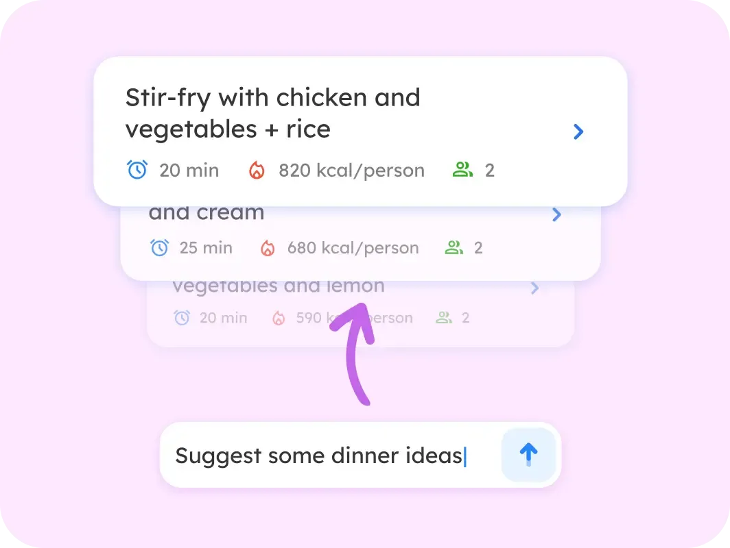 The assistant suggesting dinner ideas with cooking time and calories