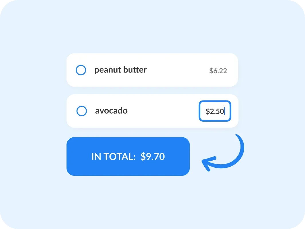 Two items with their prices and the list total below them