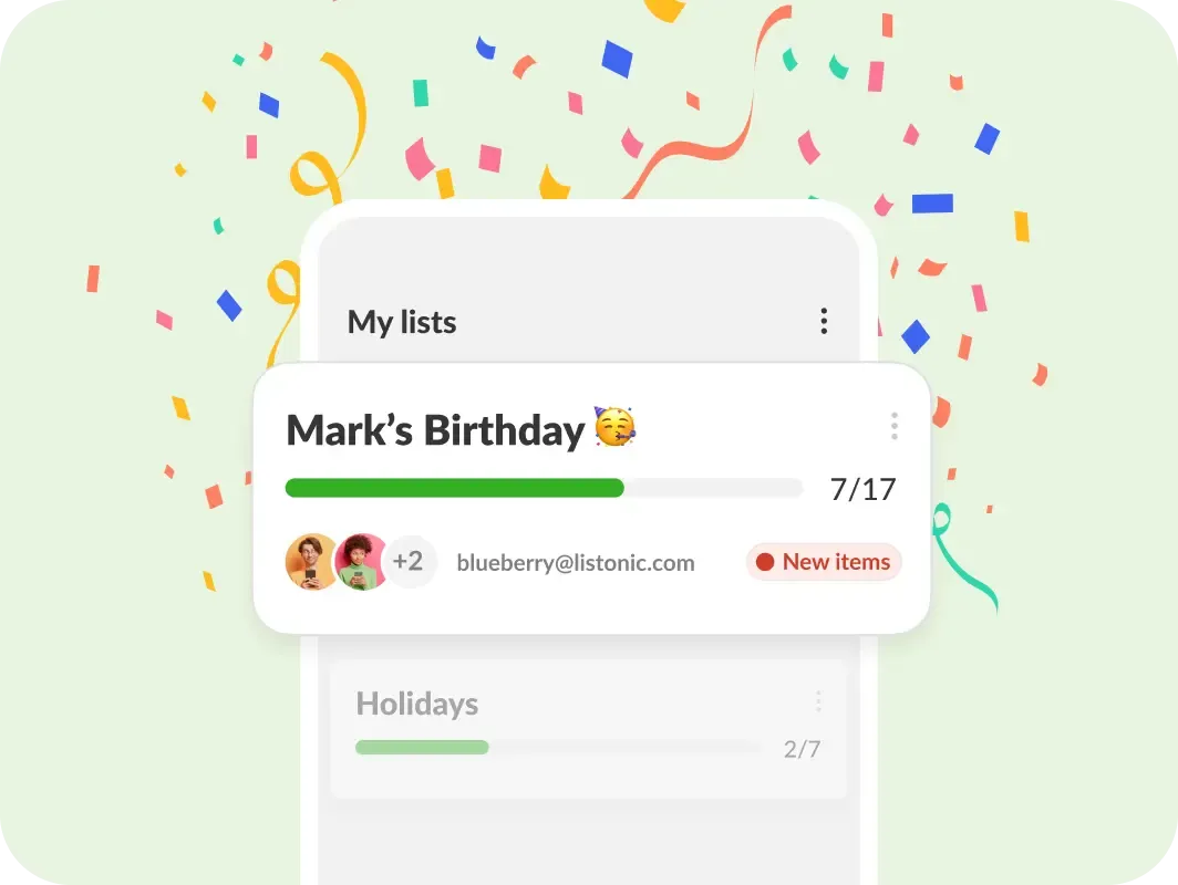 Separate lists for a birthday party and a weekend trip