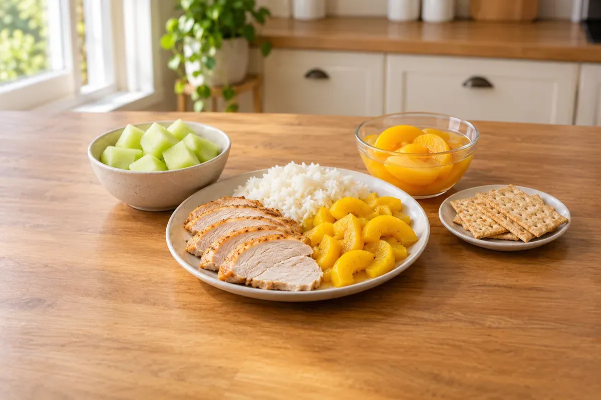 Kalkun med hvide ris og squash, honningmelon, ferskner på dåse og kiks