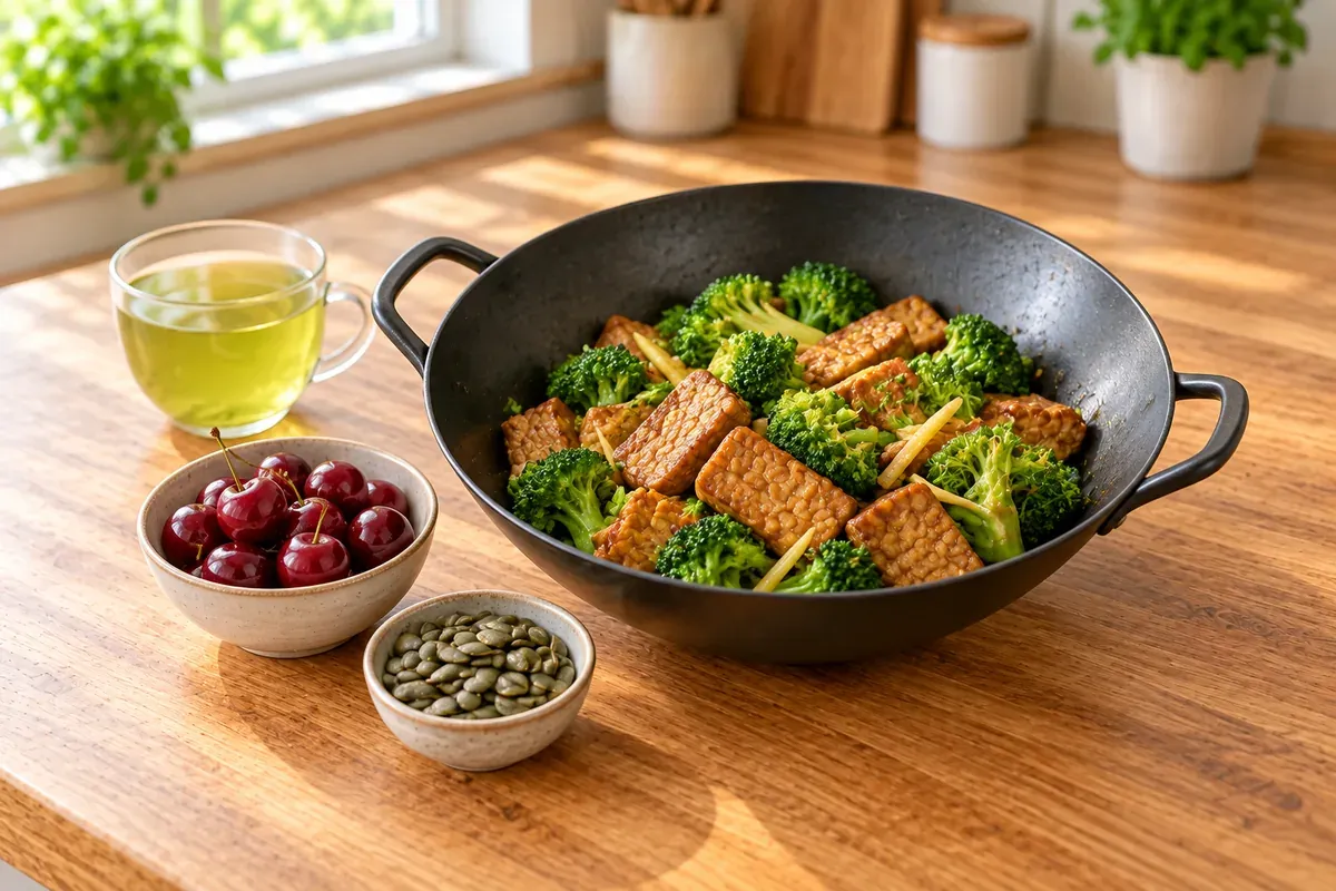 Wokban sült tempeh brokkolival, zöld tea, cseresznye és tökmag