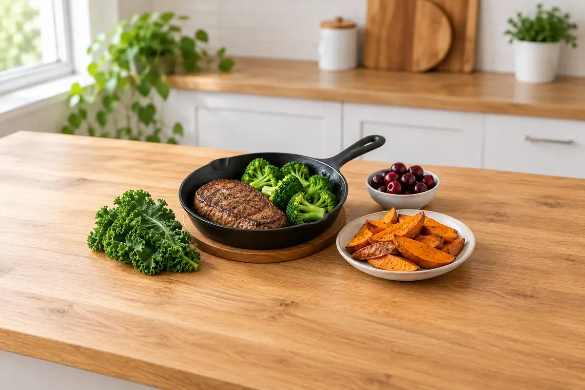 Mør steak med broccoli, ristede søde kartofler, grønkål og kirsebær