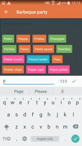 Buy Me a Pie!で「P」と入力後、色分けされたオートコンプリートの候補が並ぶ