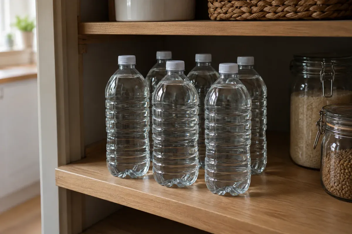 Unlabeled bottles of water on a cool, dark pantry shelf