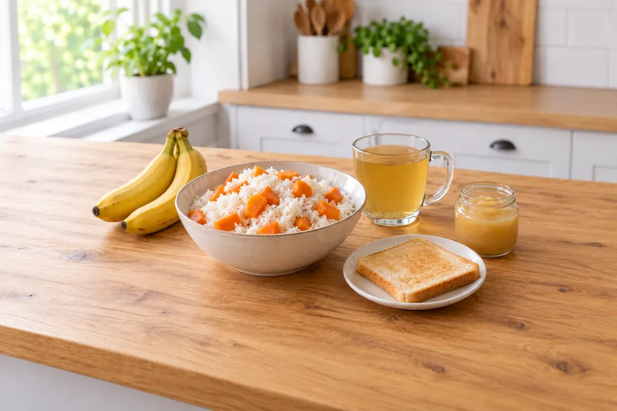 Бял ориз с моркови, банани, препечен хляб, ябълково пюре и чаша бистър бульон