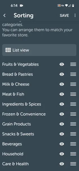 Bring!’s Sorting screen with categories you can reorder by dragging
