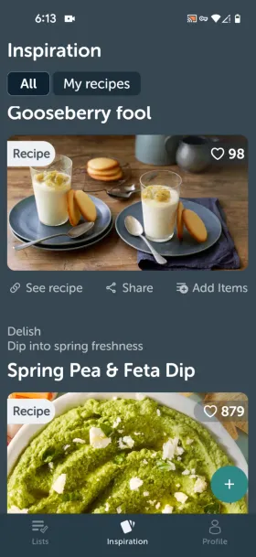 Bring!’s Inspiration feed with recipe cards, each with an Add Items action