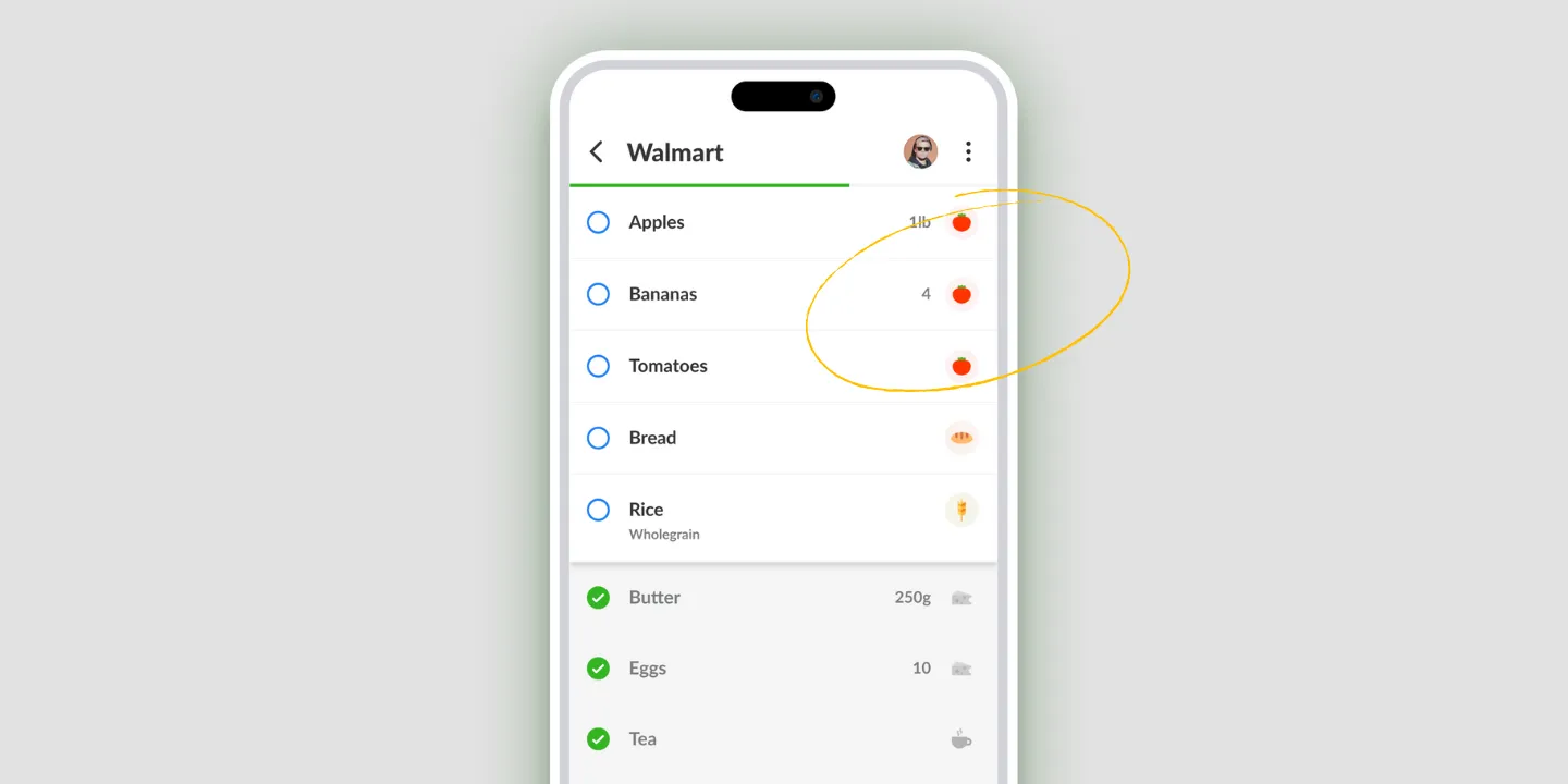 Een Listonic-lijst met de items gegroepeerd onder categoriekoppen