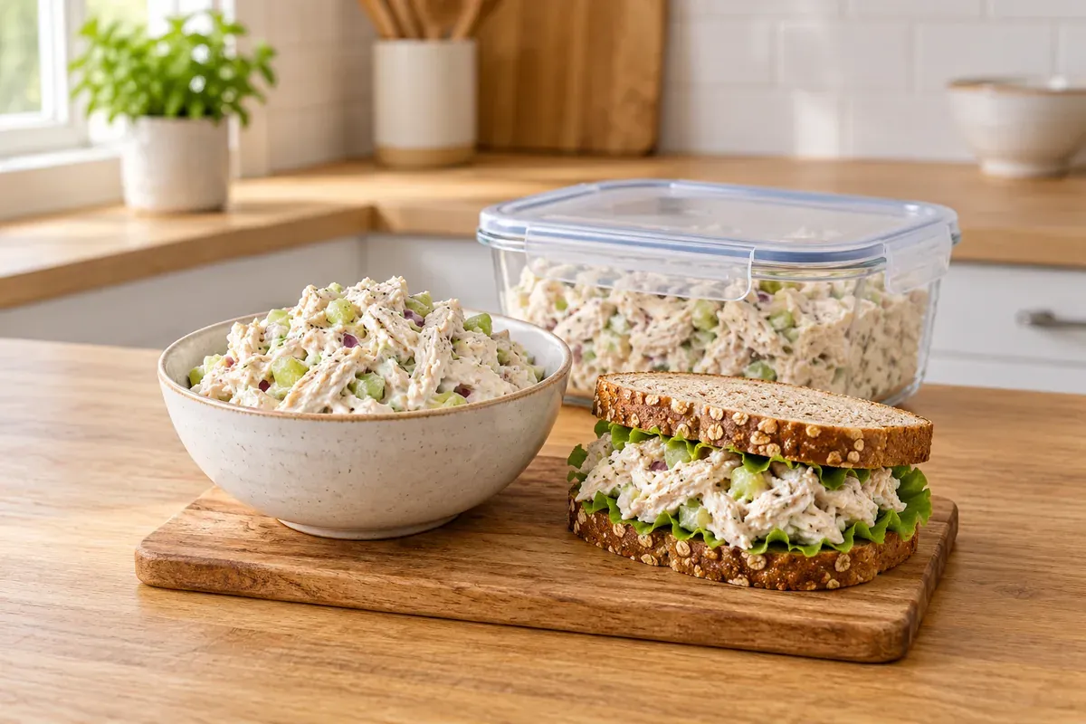 Geflügelsalat in einer Schüssel, als Sandwich und in einer Glasdose