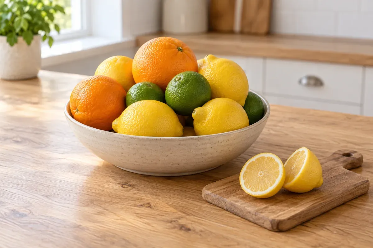 Lemons, limes, and oranges in a bowl, with a lemon cut open on a board