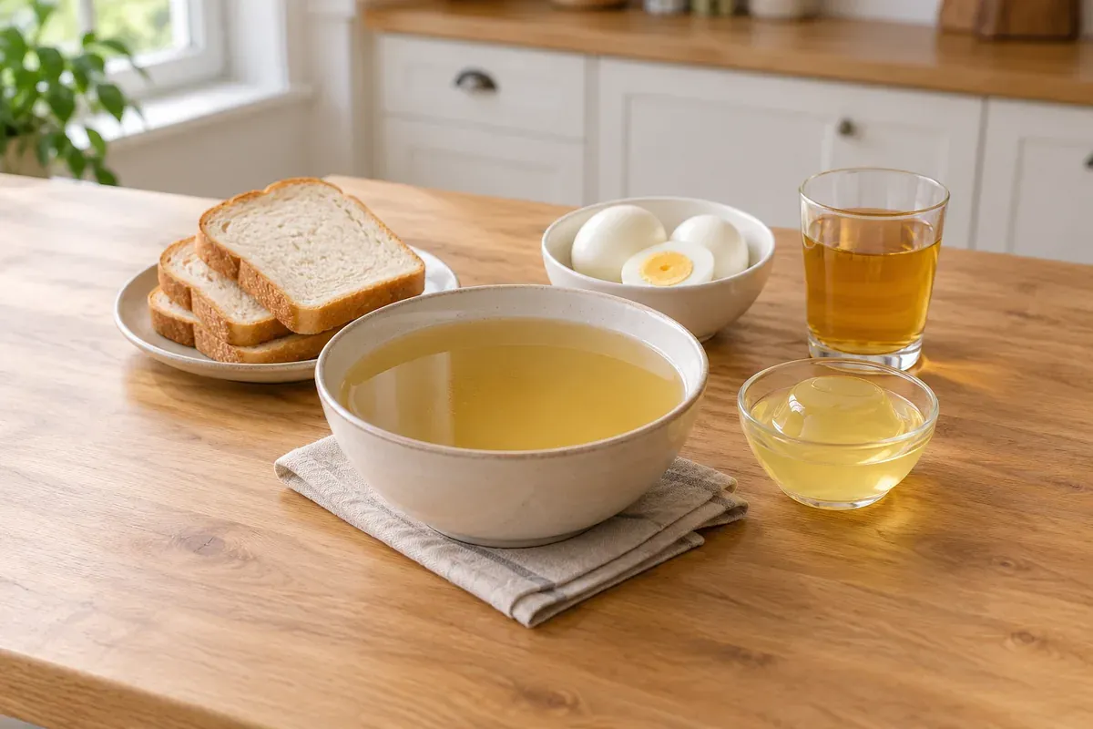 Klar hønsebouillon, hvidt brød, kogte æg, æblejuice og citrongelé