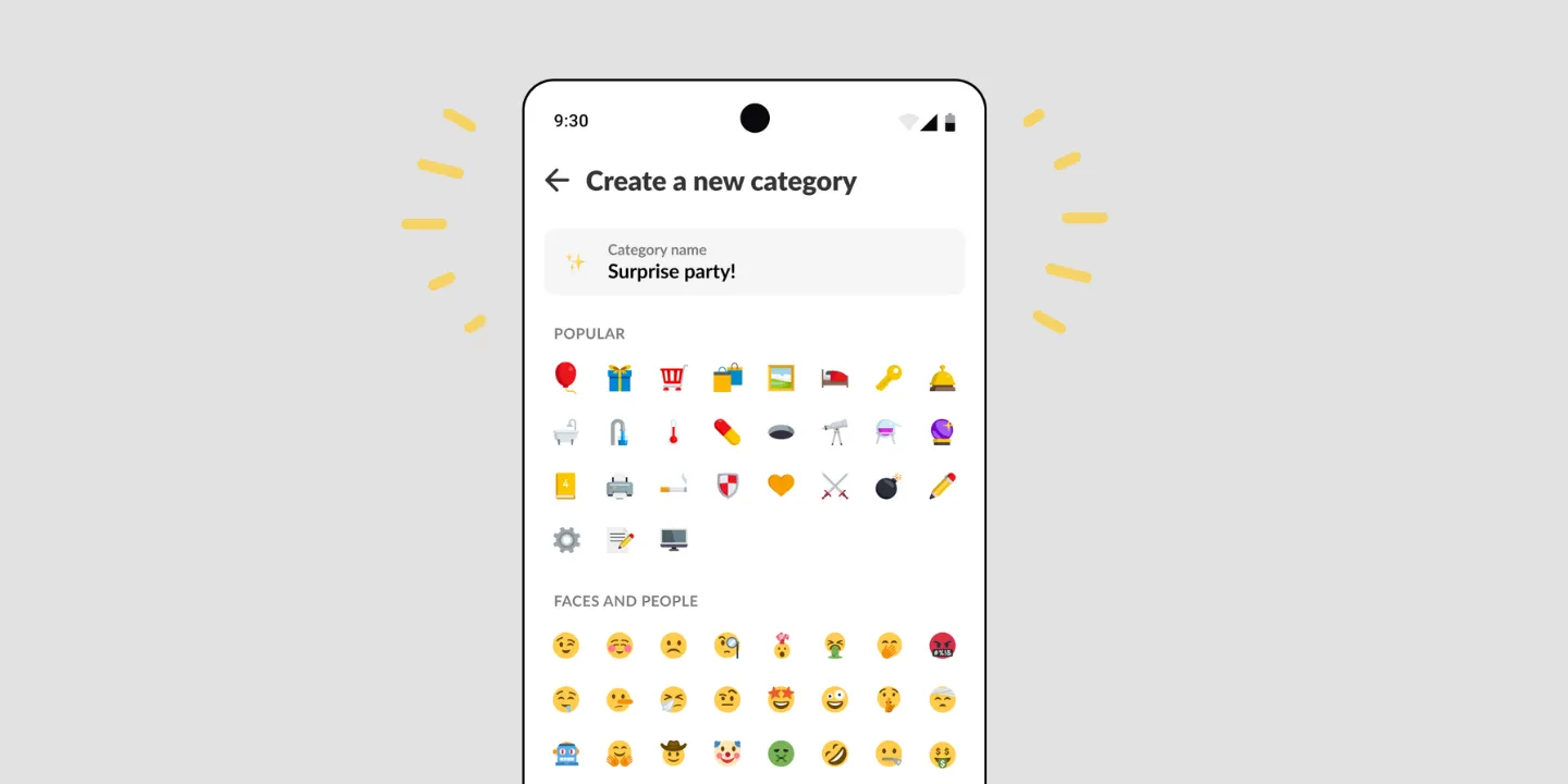 Écran Listonic : nouvelle catégorie pour une fête surprise, avec choix d’emoji