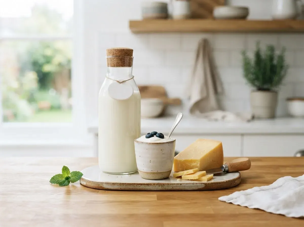 Butelka mleka, jogurt i kawałek sera na blacie kuchennym
