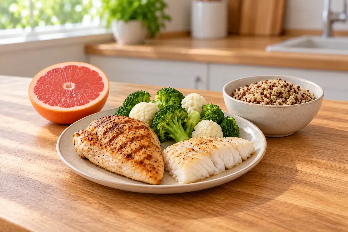 Grillezett csirke, fehér húsú hal, brokkoli, karfiol, grépfrút és quinoa