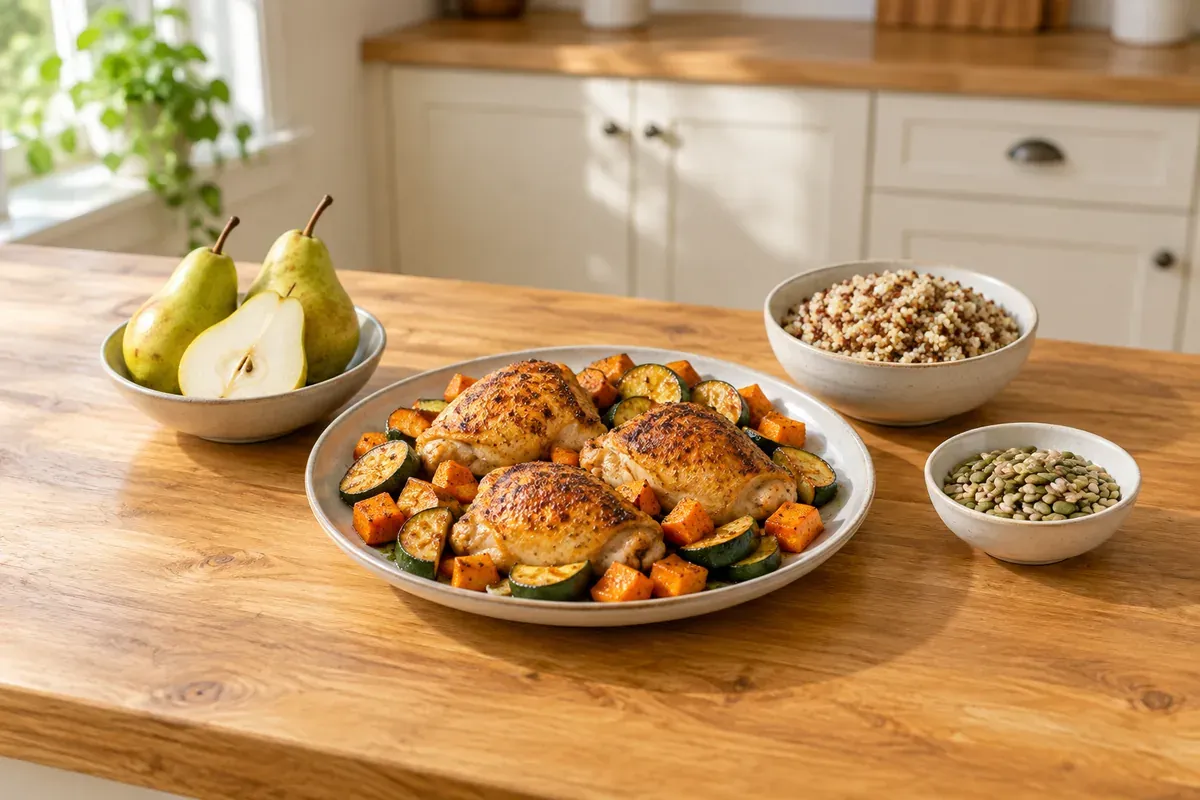 Kyllingelår med søde kartofler og squash, pærer, quinoa og frø