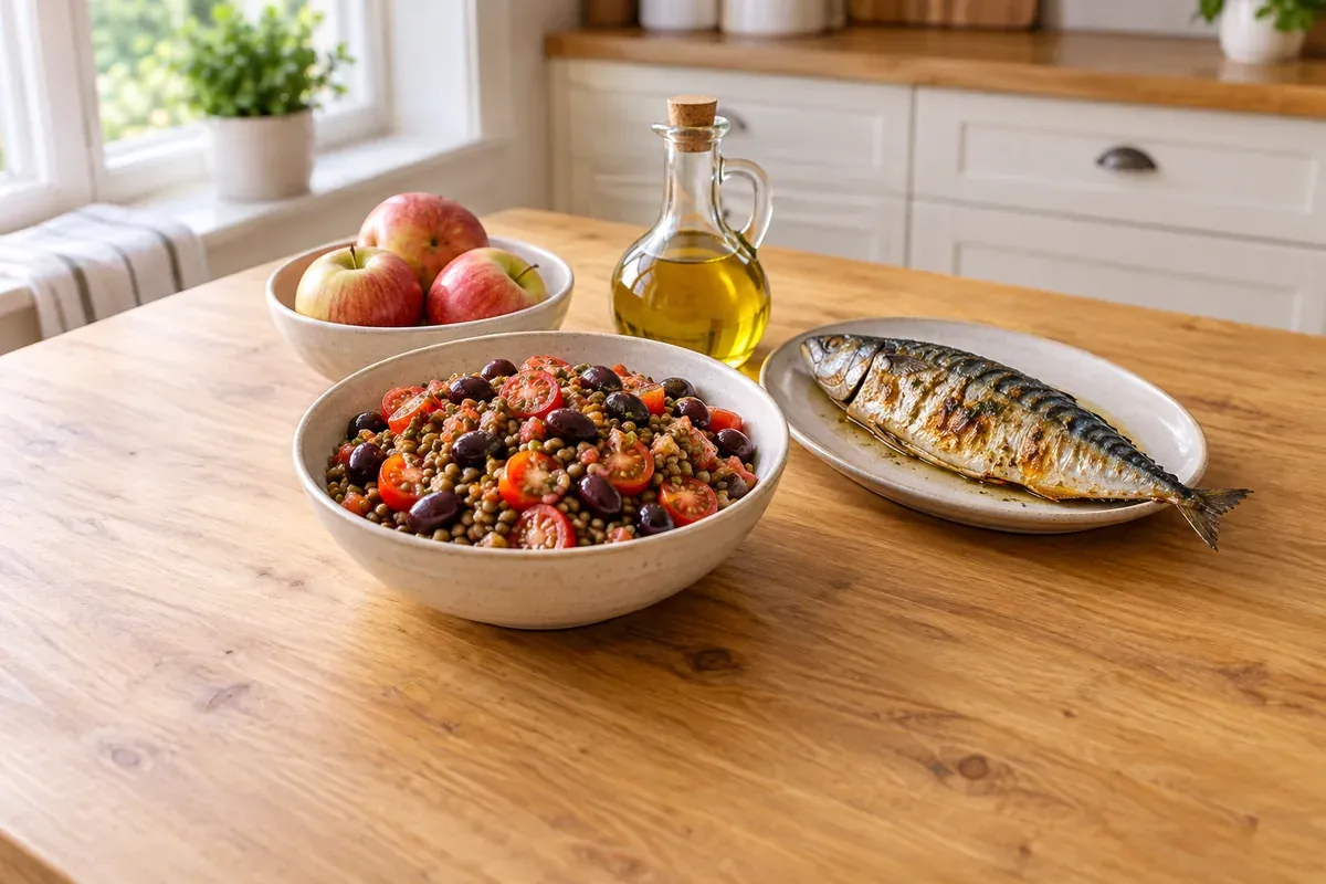 Linsesalat med tomater og oliven, bagt makrel, olivenolie og æbler