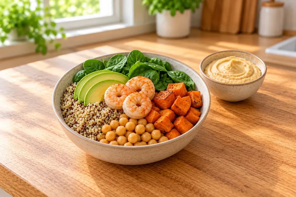Skål med quinoa, kikærter, sød kartoffel, avocado, lidt rejer og hummus